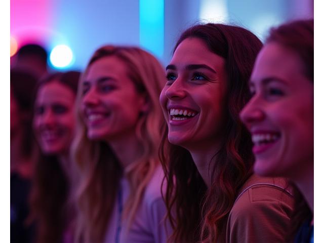 Diverse group of people smiling and interacting at a music event