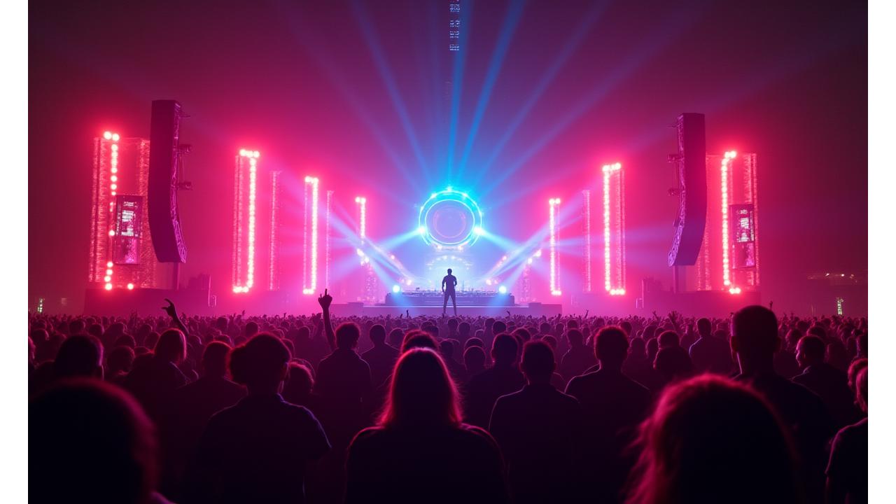 A vibrant electronic music festival stage illuminated with neon lights, a DJ performing to a massive crowd.