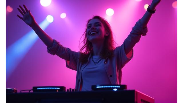 Aurora Beats, a young, energetic female DJ, smiling behind decks.