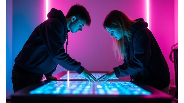 Cyber Flux, a duo, collaborating in a futuristic studio.