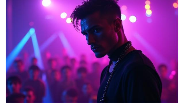 DJ Apex performing live, bathed in neon lights.