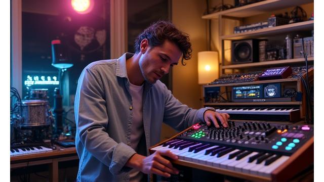 Groove Alchemist surrounded by vintage analog synths.