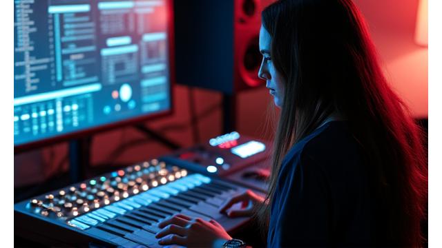 Solara, a female producer, intensely focused on a mixing board.