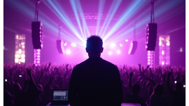 A DJ commanding a massive festival crowd from a stage bathed in laser lights.