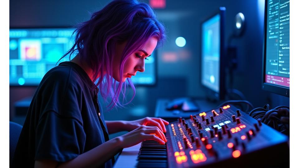 Nova Echo in her studio, surrounded by synthesizers.