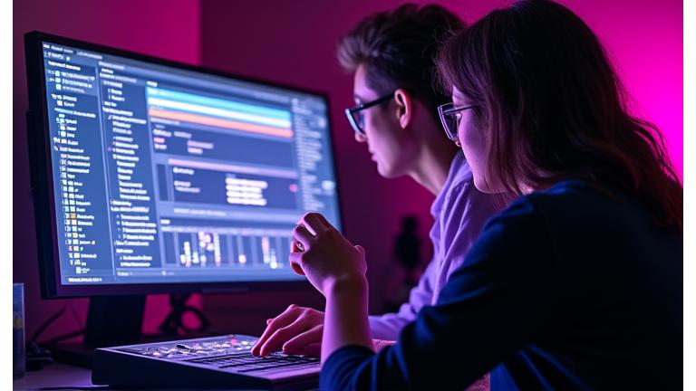 Two electronic music producers intently collaborating at a digital audio workstation.