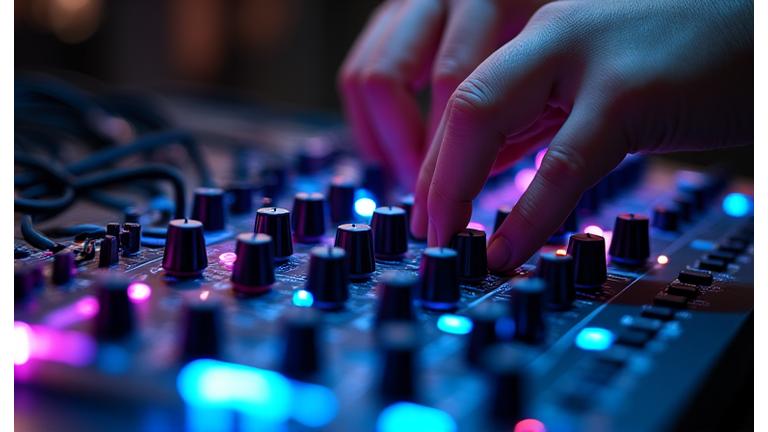 Close-up of hands on a modular synthesizer, glowing lights.