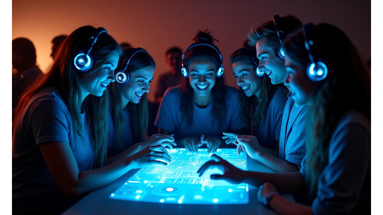 Diverse group of electronic music fans unified by glowing headphones, interacting with a shared holographic music interface, symbolizing community contribution.