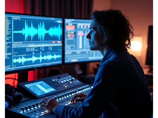 Expert curator at a mixing board, surrounded by vinyl records and glowing screens displaying waveforms, deeply immersed in the music selection process.