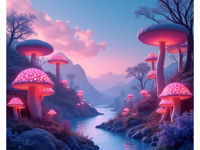 Whimsical, fantastical imagery representing Beyond Wonderland festival, with glowing mushrooms and surreal landscapes.