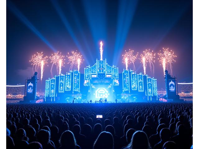 Iconic Electric Daisy Carnival (EDC) production, with massive stages, pyrotechnics, and a vibrant crowd under fireworks.
