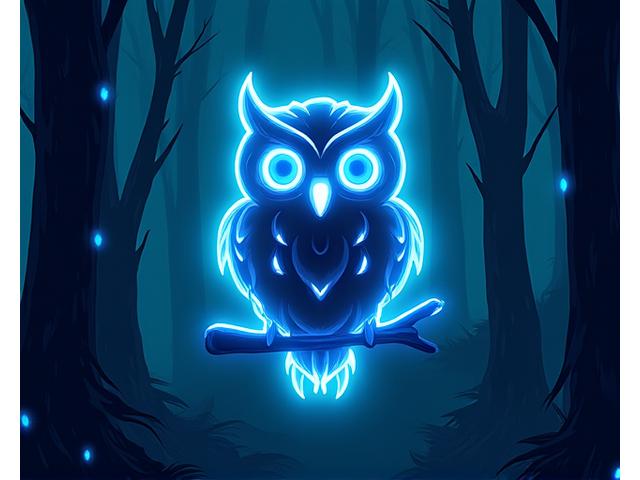 Neon owl logo of Nocturnal Wonderland festival against a dark, mystical forest background with subtle light trails.