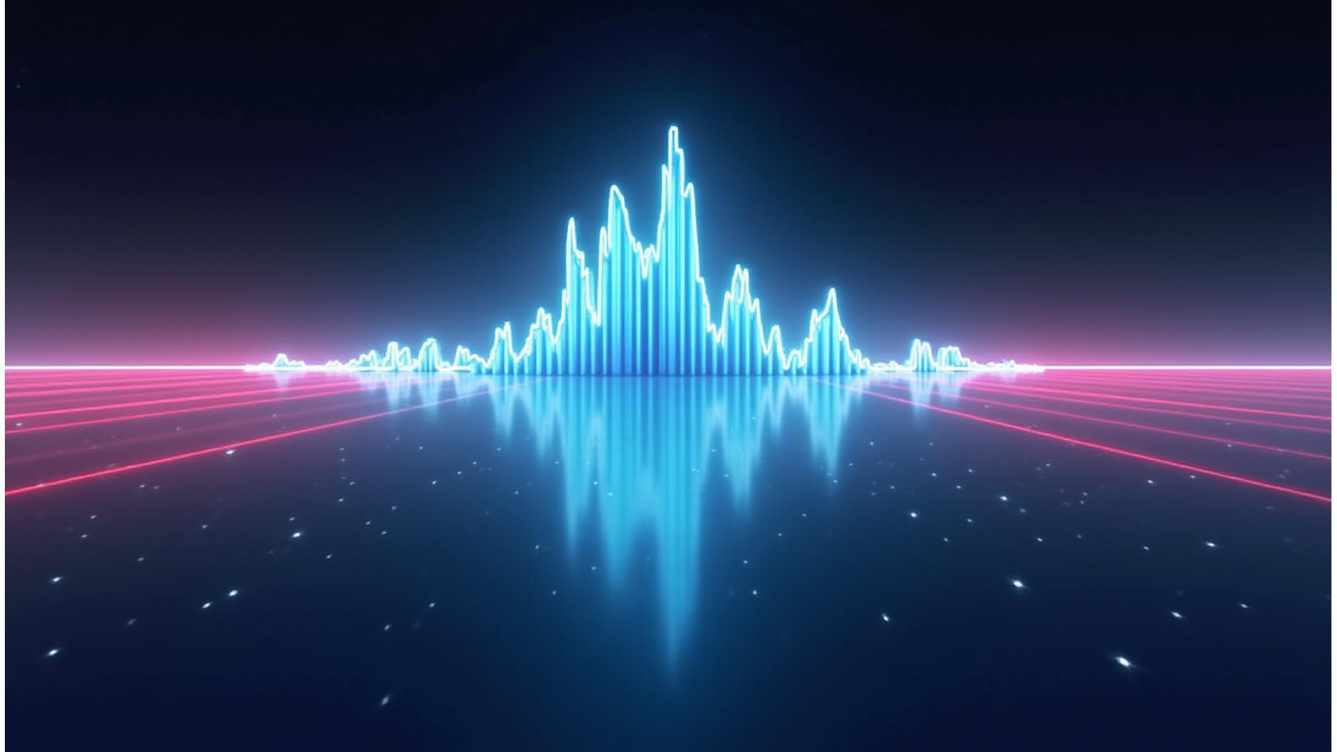 Dynamic electronic music visualization with neon lights and a central glowing waveform representing a featured playlist.