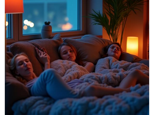 Small group of friends relaxing in a chill-out area after a rave, with warm, subdued lighting and comfortable seating.