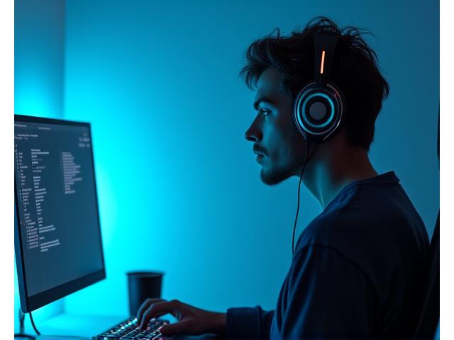 Person using headphones at a desk, surrounded by subtle, ambient light, focusing intently on work or study.