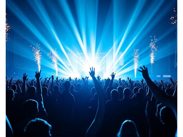 Crowd at a festival main stage, arms raised, bathed in dramatic laser lights and confetti, exuding intense energy.