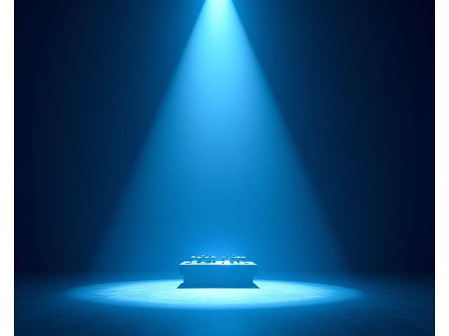 A spotlight beam illuminating a minimalist stage with a single, glowing DJ deck, symbolizing new talent discovery.