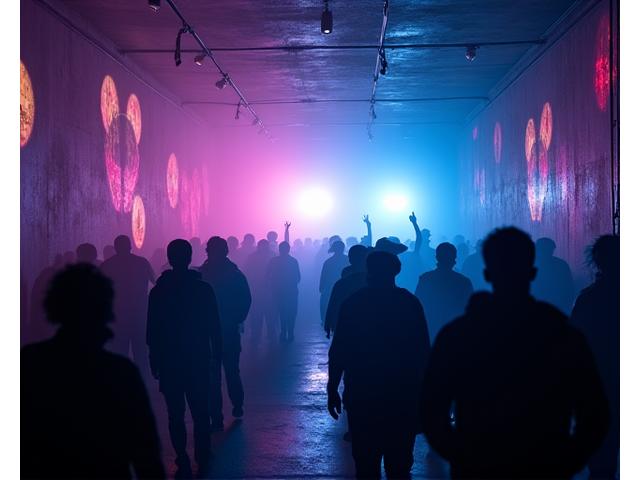 Gritty, atmospheric visual depicting an underground rave, with abstract lights and shadows, emphasizing raw energy.