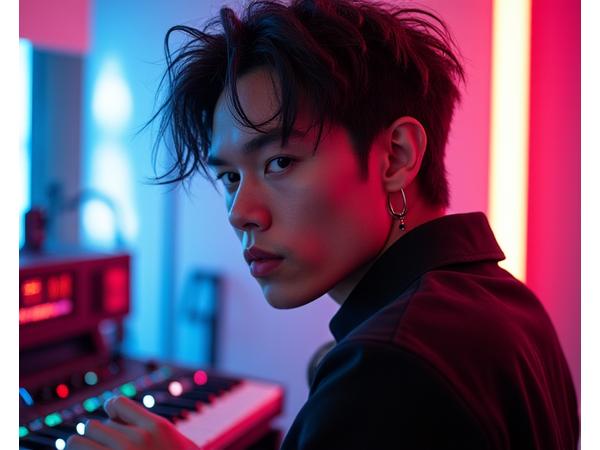 Portrait of Kai Zen, a producer with futuristic neon lighting.