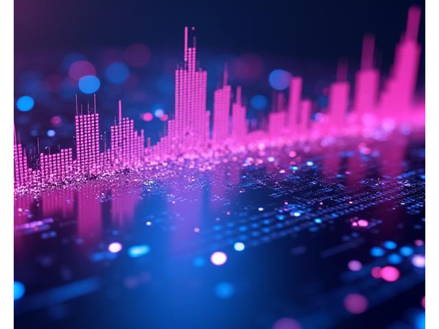 Futuristic data visualization with glowing graphs and trend lines, representing music industry predictions.