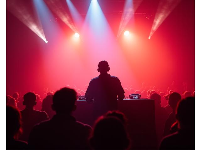 Dramatic concert photo of a DJ performing melodic techno, with vibrant laser lights and an engaged crowd.