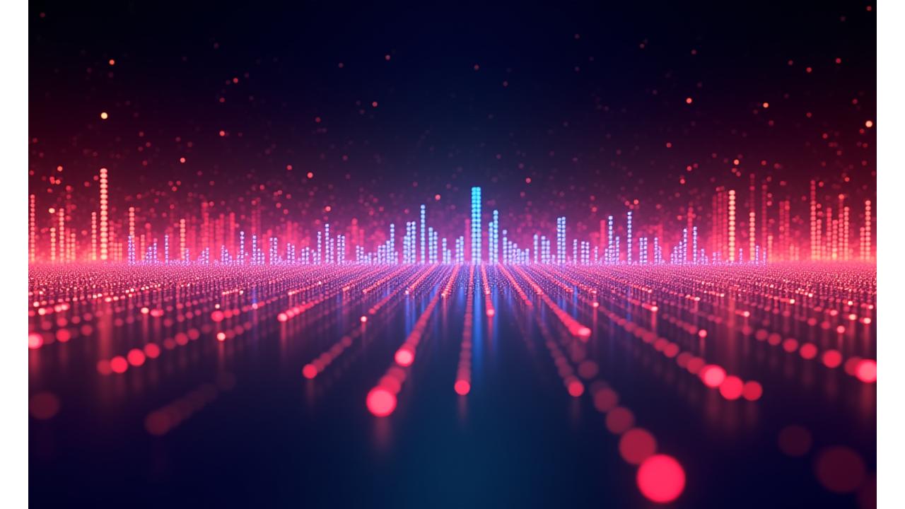 Dynamic visual representation of sound waves and data trends, symbolizing future electronic music genres.