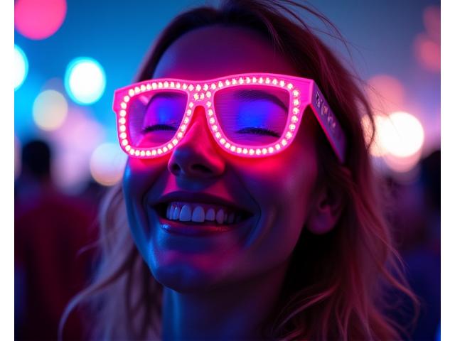 Close-up of a smiling festival-goer wearing vibrant, glowing LED glasses in a dark festival environment, evoking joy and immersive experience.