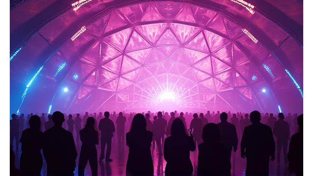 A vibrant crowd dancing under a large geodesic dome, illuminated by swirling patterns of pink, purple, and blue lights.