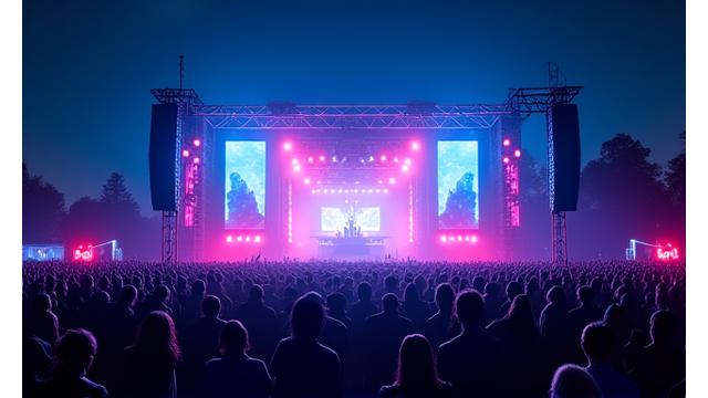 A neon-lit open-air venue with crowds dancing under a starry sky, main stage glowing with vibrant blues and pinks.