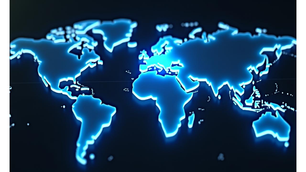 An abstract, glowing world map highlighting major electronic music festival regions, with Los Angeles prominently marked with a pulsing, cyan glow.
