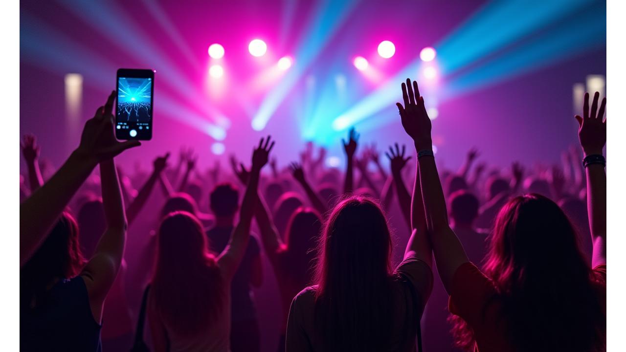 A diverse group of festival-goers taking a vibrant, glowing group selfie with hands raised in excitement, capturing the energy and community of a rave.
