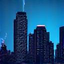 The iconic Detroit skyline at night, with subtle electronic music elements integrated.