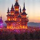 A large, whimsical art installation glowing with warm lights at sunset in a lush, green festival field.