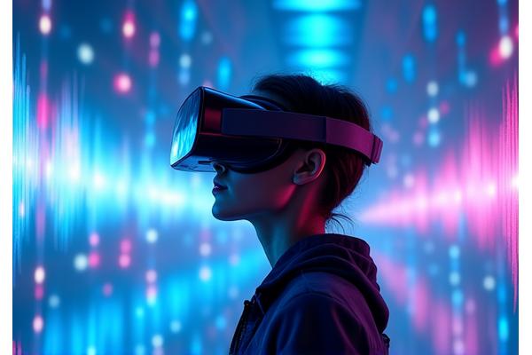 A person wearing sleek VR goggles in a vibrant, futuristic environment, digitally interacting with floating brand logos and musical waveforms.