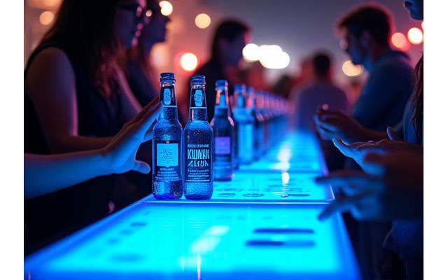 A modern, illuminated bar setup at an outdoor festival where patrons interact with touch-sensitive surfaces that change color and patterns.