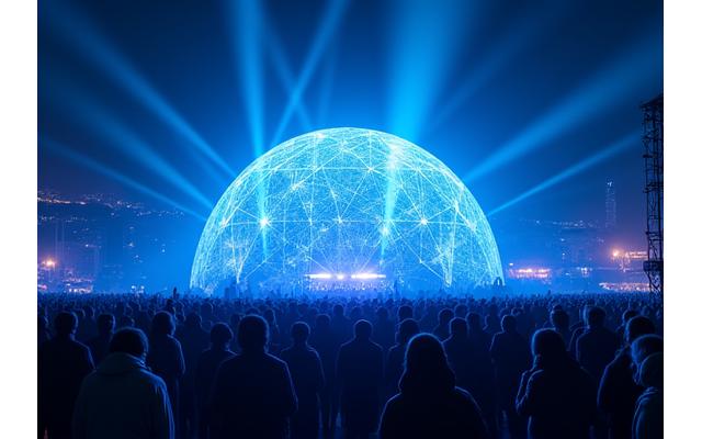 A large, glowing geodesic dome filled with people at a vibrant electronic music festival, with light beams radiating outwards.