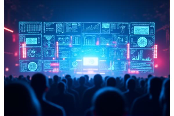 A cinematic shot of a glowing holographic dashboard displaying complex data visualizations and graphs over a blurred backdrop of a lively music festival crowd.