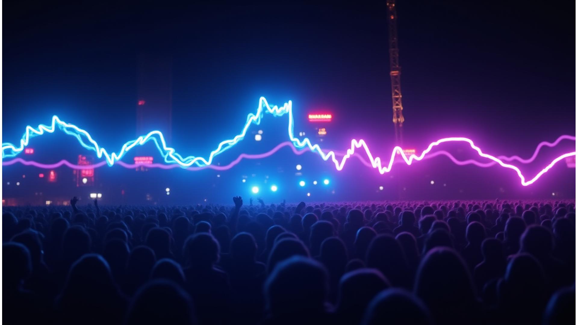 Abstract neon light trails forming a dynamic wave, symbolizing amplified brand presence at an electronic music festival