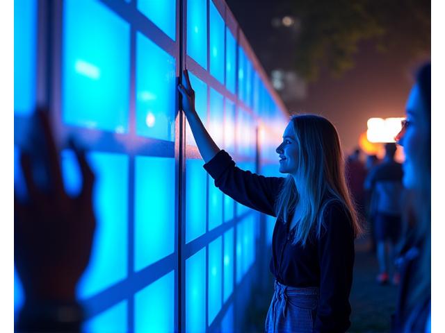 People interacting with a large, glowing interactive art installation at a music festival, creating light patterns with their touch.