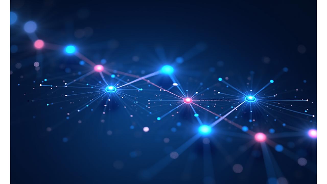 Abstract visual representation of a creative process flow with glowing lines connected by nodes, against a dark, futuristic background.