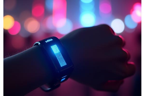 A stylized wristband with an embedded RFID chip glowing with digital patterns, held against a backdrop of blurry festival lights.