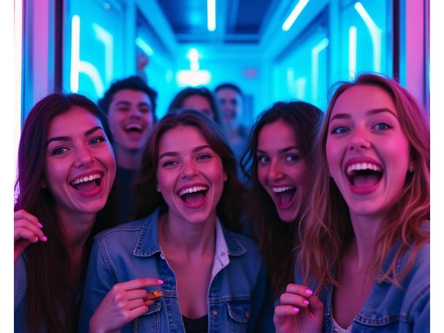 A group of friends laughing and posing in a creative photo booth with neon lights, designed for social media sharing at a music event.