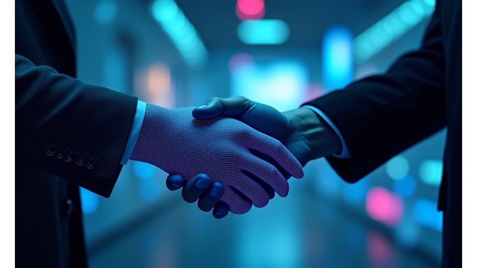 Two hands, one with neon-lit circuitry patterns, shaking firmly in a futuristic, collaborative setting, symbolizing a strong partnership.