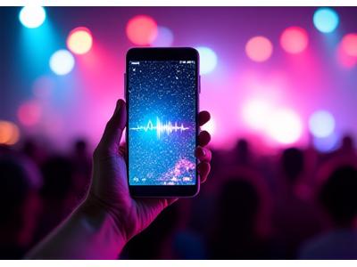 A vibrant mobile phone screen displaying an augmented reality electronic music event overlay with neon elements and animated visuals, held by a person at a festival.