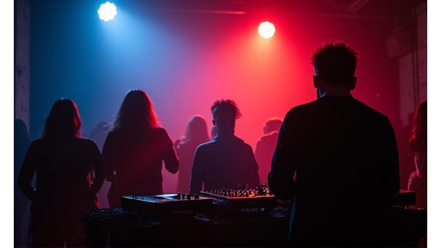 Intimate underground rave setting being live-streamed, showcasing detailed camera work.