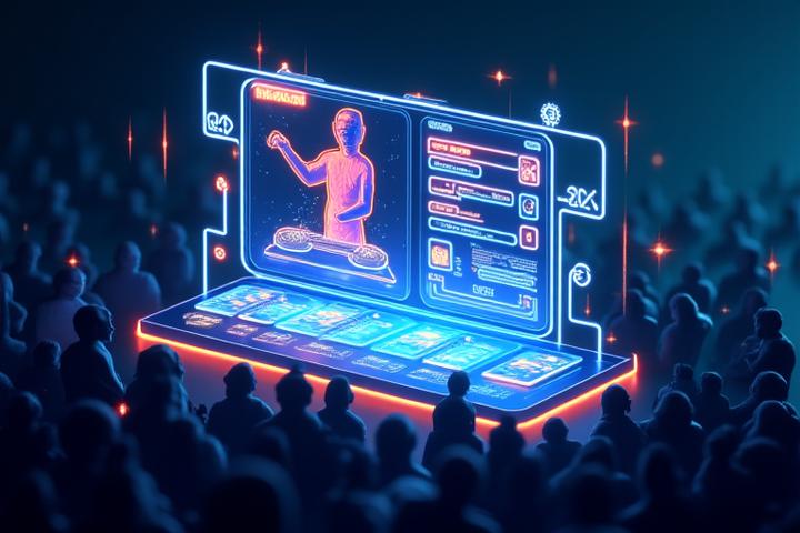A dynamic graphic showing a live stream interface with chat, polls, and social media icons, symbolizing audience interaction.