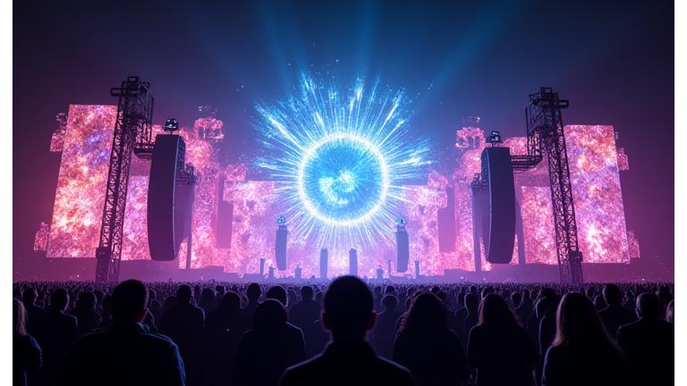 A futuristic hologram stage projection at a music festival, displaying a vibrant, flowing artistic visualization interacting with the crowd, demonstrating advanced immersive technology.