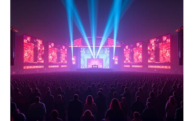 Aerial view of a massive electronic music festival crowd with stages lit up by lasers at night, depicting complex event logistics.