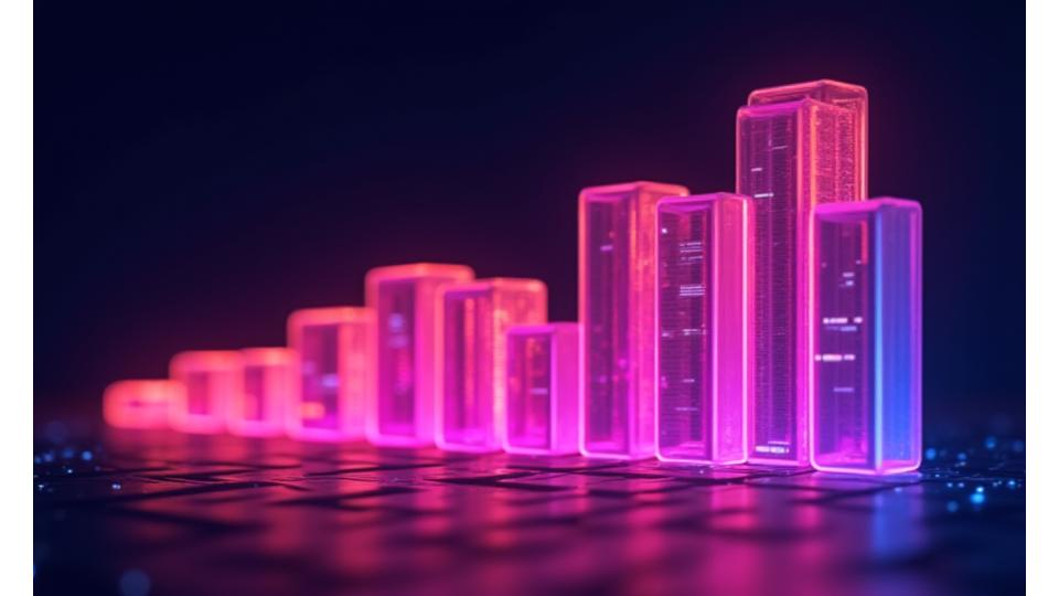 A vibrant, abstract bar chart depicting a surge in popularity for 'House' and 'Techno' genres over the last year among a younger demographic, with data points highlighted in neon blues and purples.