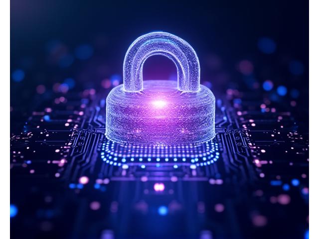 Abstract digital lock icon with glow effects, surrounded by layers of security protocols visualized as holographic data streams.